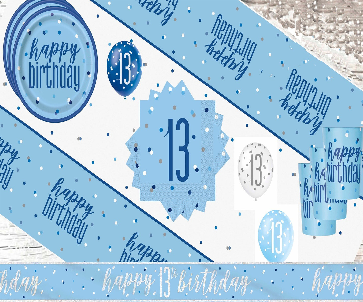 Blue And Silver Catering Bundle B Plates, Cups, Napkins, Tablecover, Banner, Balloons Ages 13 to 100