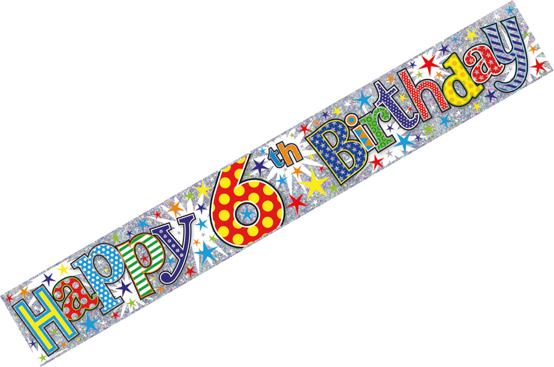 Age 6 Birthday Banner Blue, Red And Silver Holographic Recyclable 6th Birthday Party Banner Garland Decoration