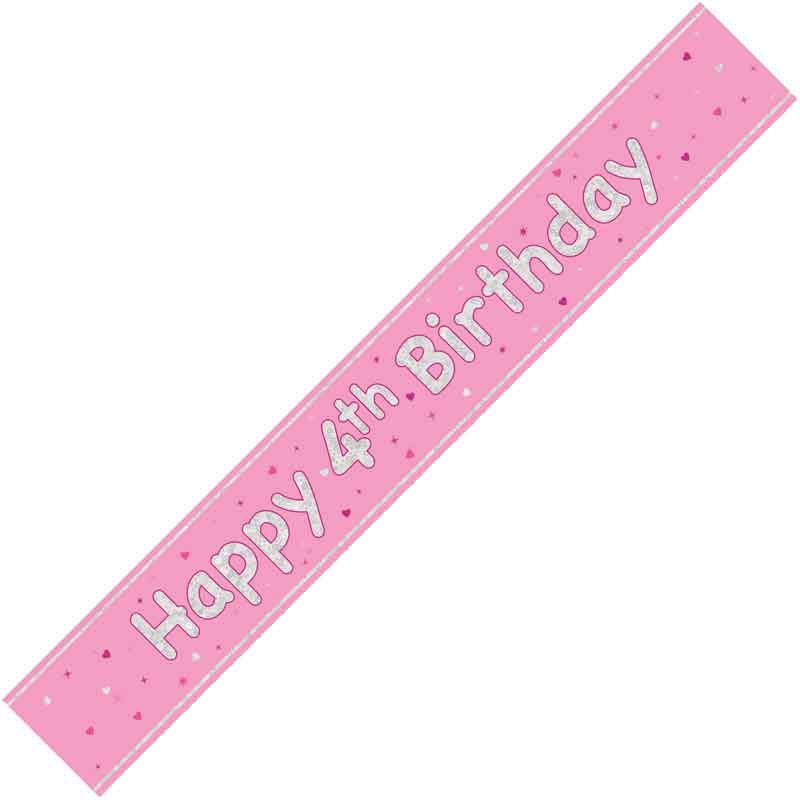 Happy 4th Birthday Pink holographic Banner