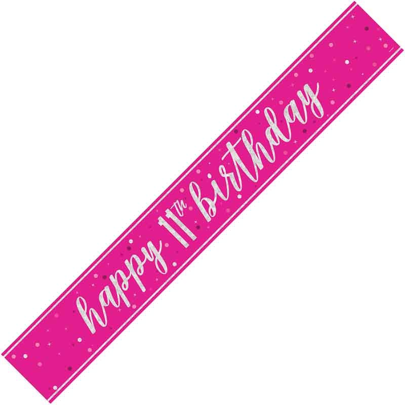 Happy 11th Birthday Pink Holographic Banner