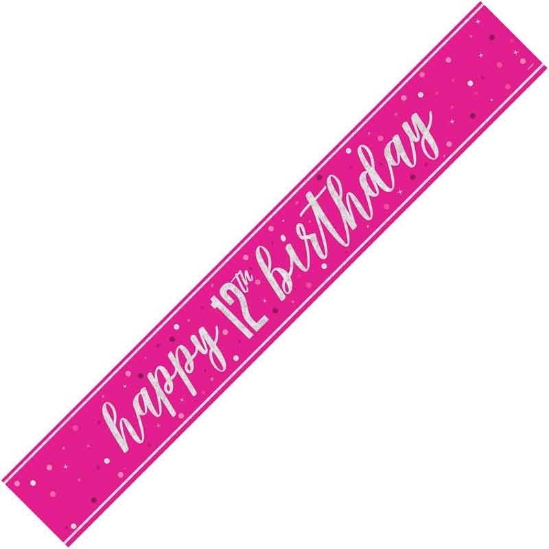 Happy 12th Birthday Pink Holographic Banner