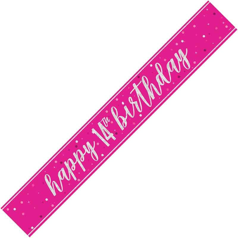 Happy 14th Birthday Pink Holographic Banner