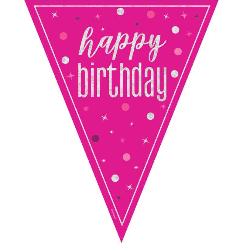 Pink & Silver Prismatic Plastic Flag Banner Bunting Happy Birthday