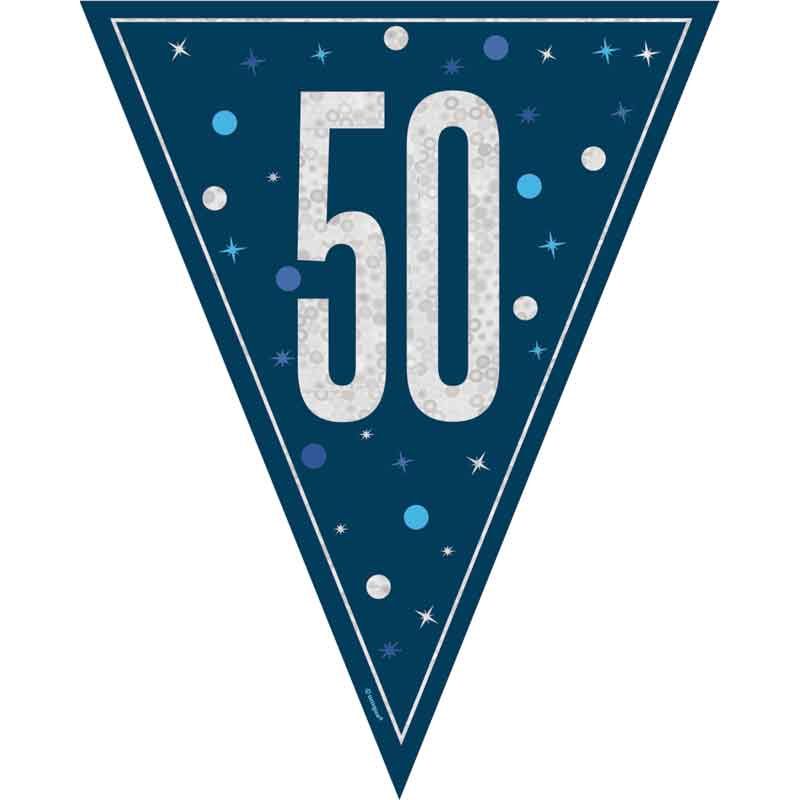 Age 50 Blue & Silver Prismatic Plastic Flag Banner Bunting 50th