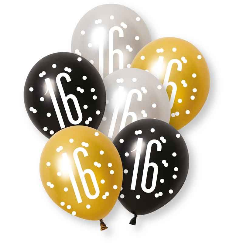 Age 16 Black, Silver, & Gold Latex Balloons 16th