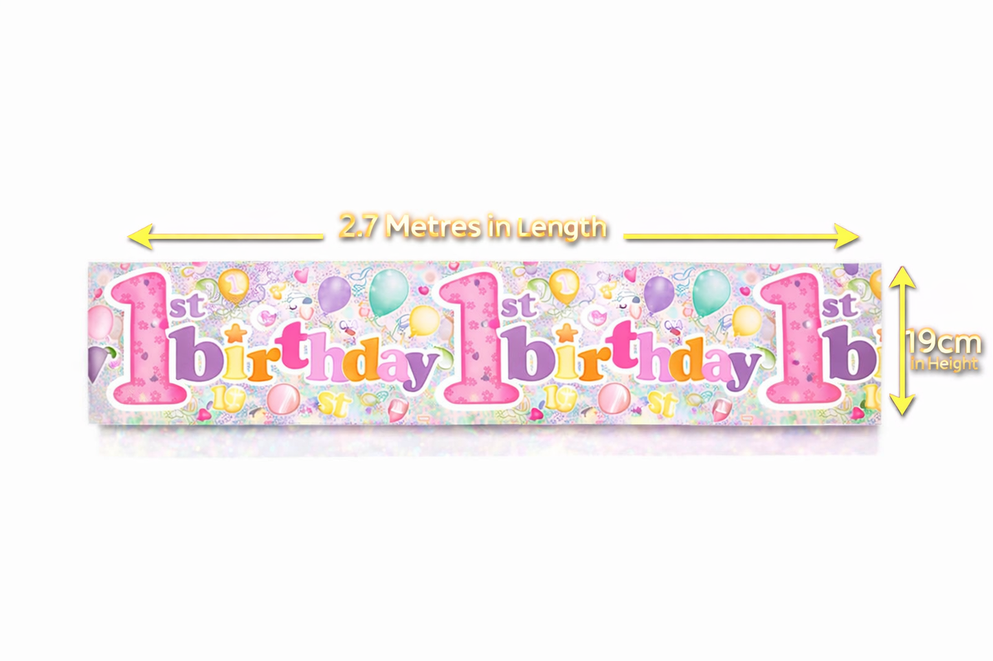 Happy 1st Birthday Banner for Girls – Extra Wide 2.7m Foil Holographic Party Decoration, Hot Pink Shiny Sparkly Giant Birthday Girl Banner, Recyclable Eco Friendly Age One Party Decor