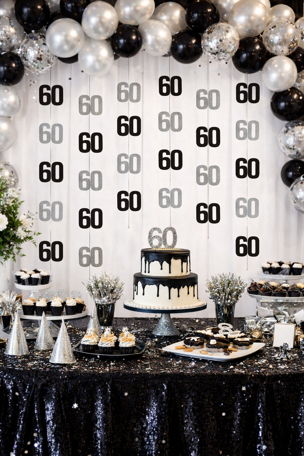 Black & Silver Hanging Swirls 60th