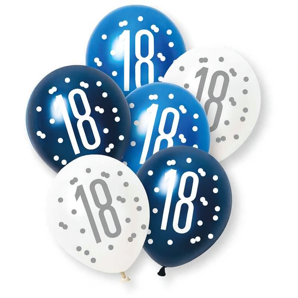 Age 18 Blue, Silver, & White Latex Balloons 18th