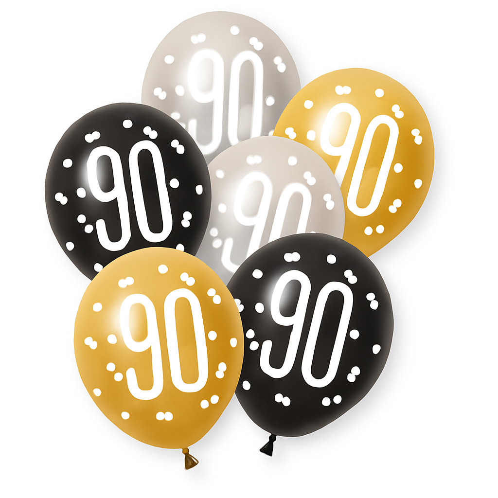 Age 90 Black, Silver, & Gold Latex Balloons 90th