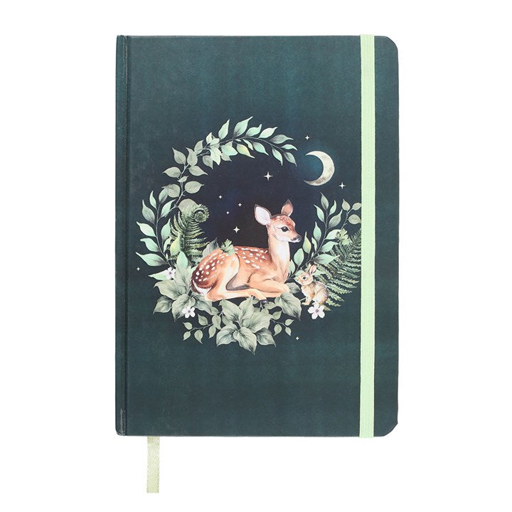 Green notebook with a deer illustration on a white background