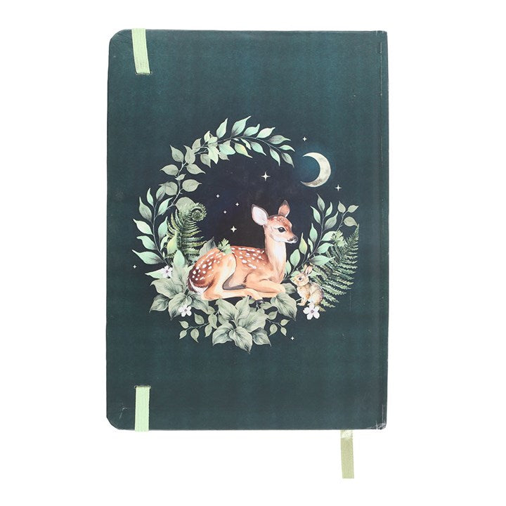 Notebook with a deer illustration on a dark green background