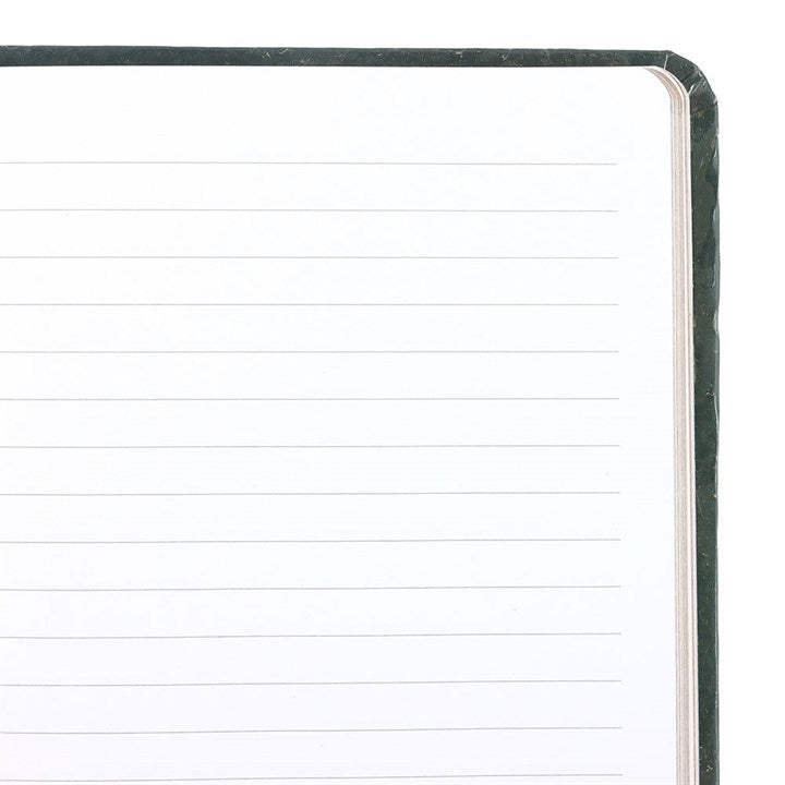 Notebook with lined pages and a green marble-like cover on a white background