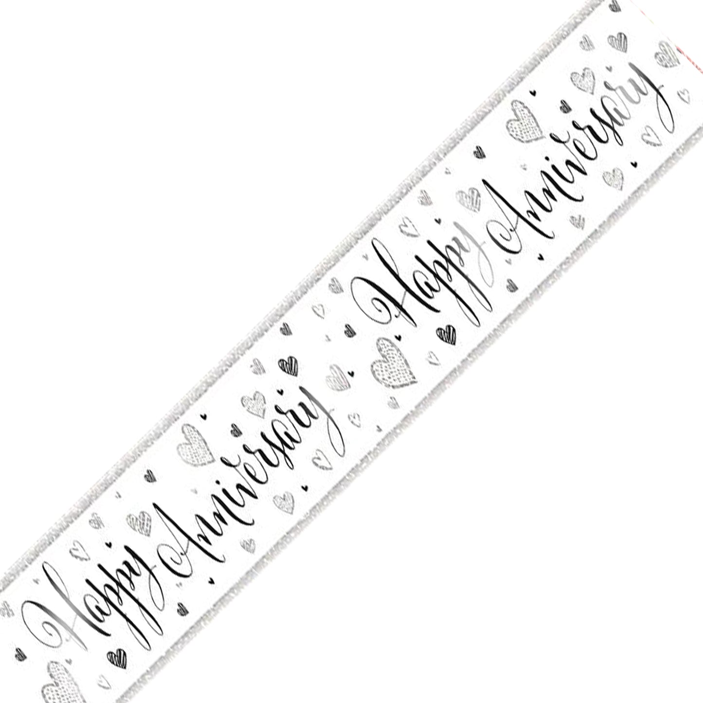 Happy Anniversary White And Silver Heart Holographic Recyclable Birthday Party Banner