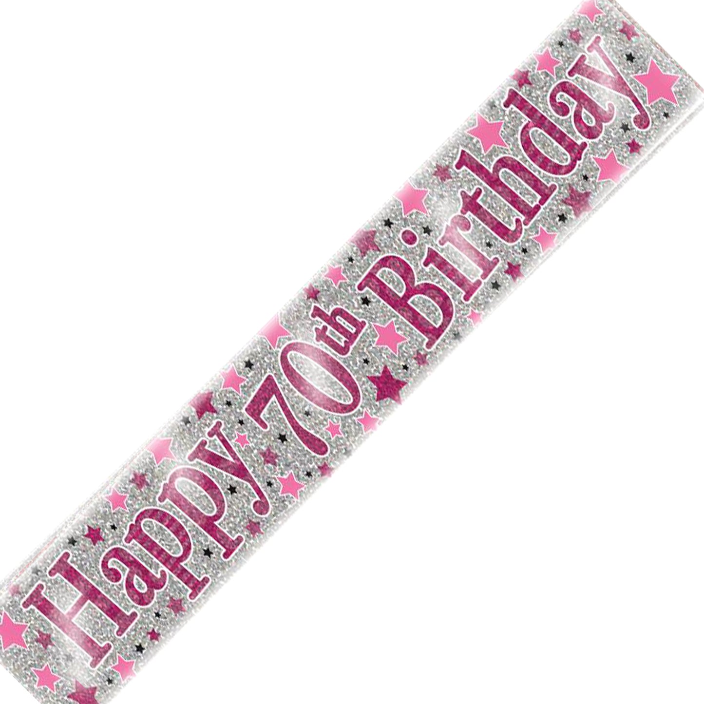 Age 70 Birthday Banner Pink And Silver Star Holographic Recyclable 70th Birthday Party Banner