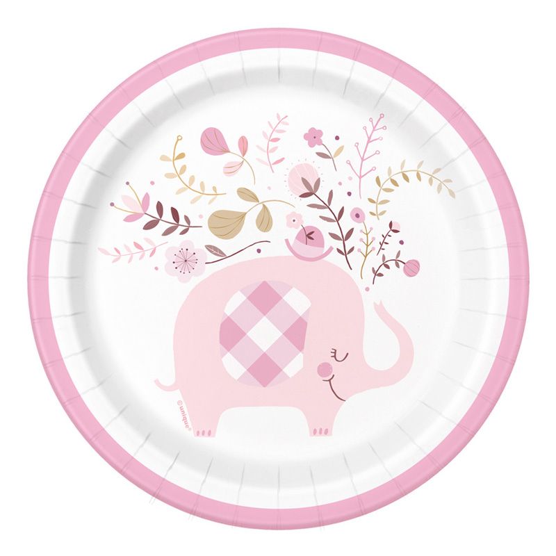 Pink Floral Elephant Round 7" Dessert Plates, 8ct