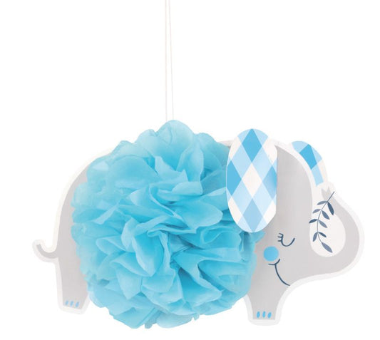 Blue Floral Elephant 9" Tissue Pom Pom Decorations, 3ct