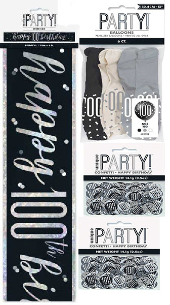 Black And Silver Bundle A Banner, Confetti, Balloons Ages 13 to 100