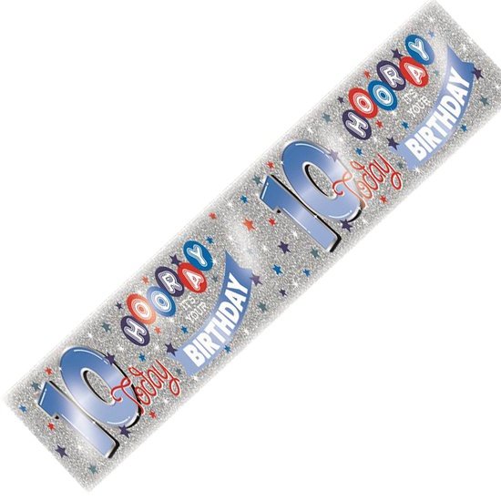 Age 10 Birthday Banner Blue, Red And Silver Holographic Recyclable 10th Birthday Party Banner