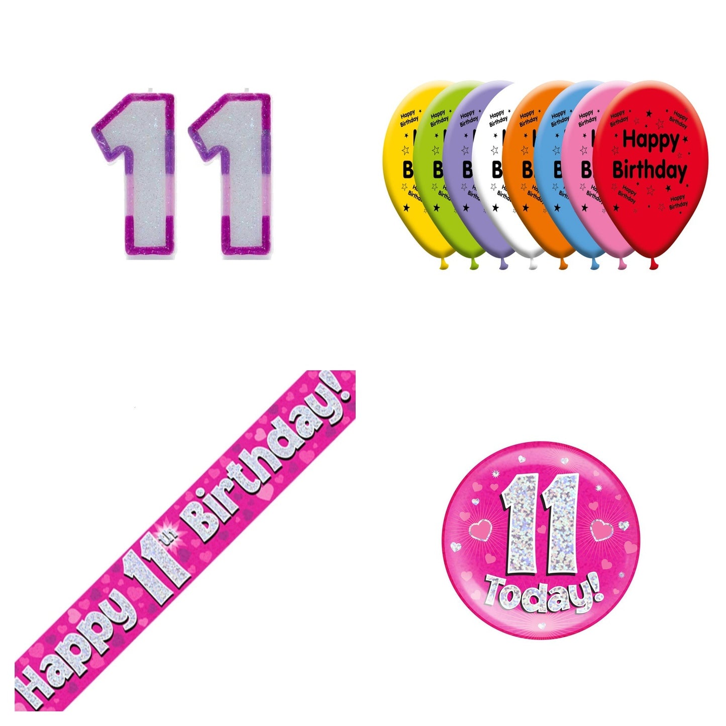 Pink Hearts Bundle B Banner, Balloons, Candle, Badge Ages 1 to 90