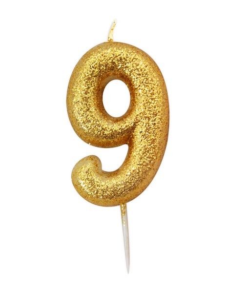 Age 9 Glitter Numeral Moulded Pick Candle Gold