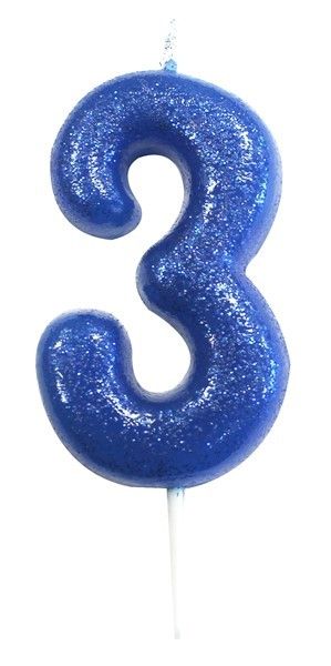 Age 3 Glitter Numeral Moulded Pick Candle Blue