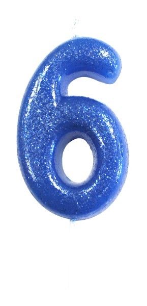Age 6 Glitter Numeral Moulded Pick Candle Blue