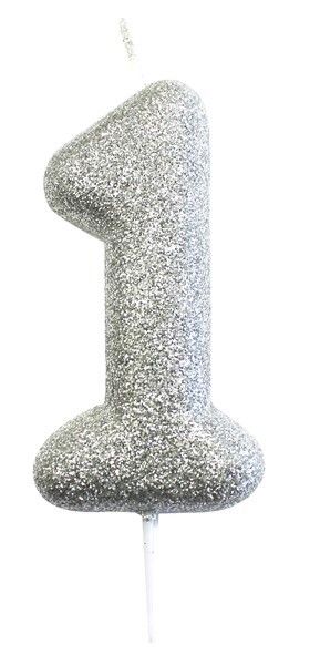 Age 1 Glitter Numeral Moulded Pick Candle Silver