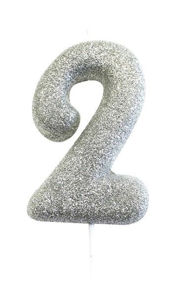 Age 2 Glitter Numeral Moulded Pick Candle Silver