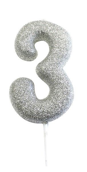 Age 3 Glitter Numeral Moulded Pick Candle Silver
