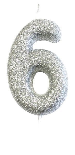 Age 6 Glitter Numeral Moulded Pick Candle Silver