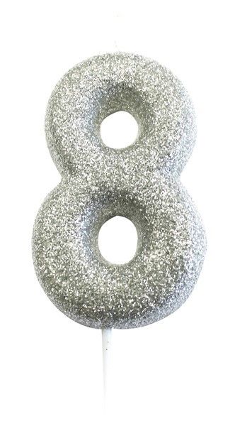 Age 8 Glitter Numeral Moulded Pick Candle Silver