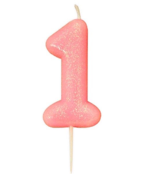 Age 1 Glitter Numeral Moulded Pick Candle Pink