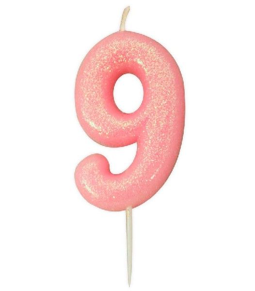 Age 9 Glitter Numeral Moulded Pick Candle Pink