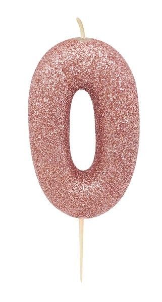 Age 0 Glitter Numeral Moulded Pick Candle Rose Gold