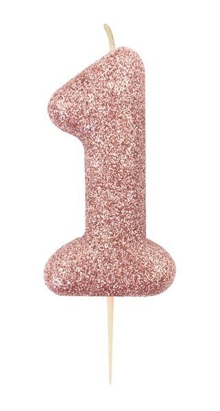 Age 1 Glitter Numeral Moulded Pick Candle Rose Gold