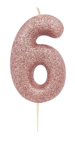 Age 6 Glitter Numeral Moulded Pick Candle Rose Gold