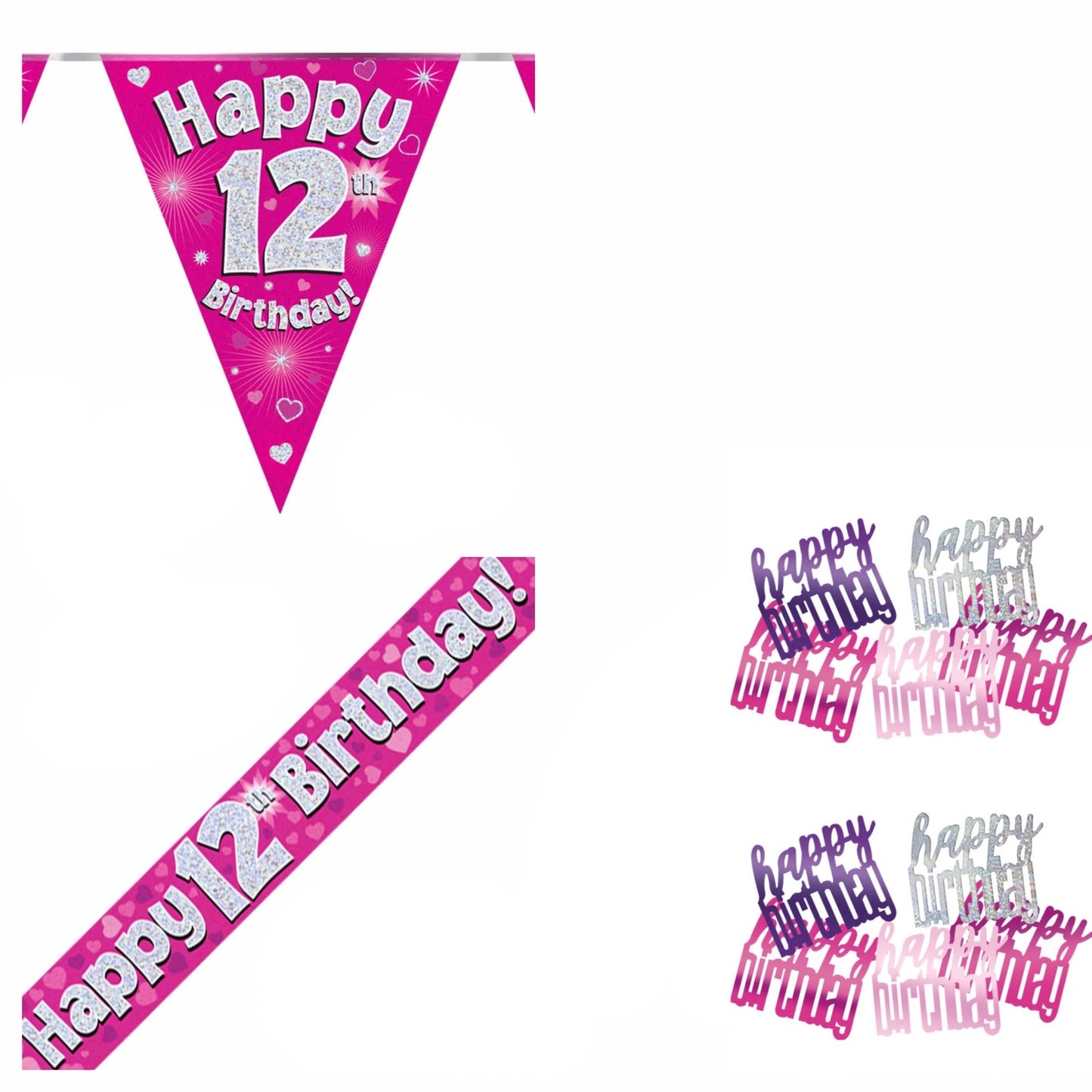 Pink Hearts Bundle A Banner, Bunting, Confetti Ages 1 to 90
