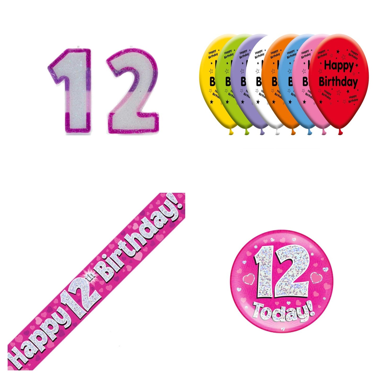 Pink Hearts Bundle B Banner, Balloons, Candle, Badge Ages 1 to 90