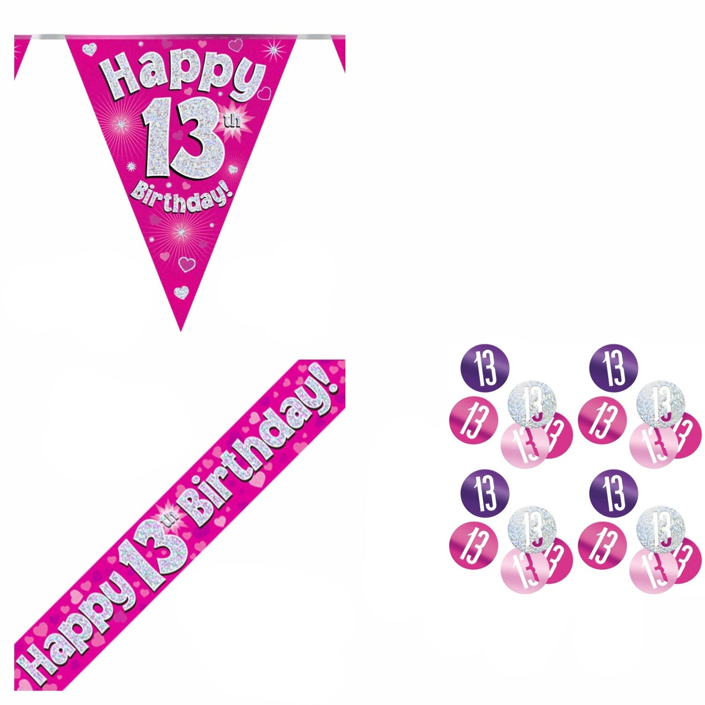 Pink Hearts Bundle A Banner, Bunting, Confetti Ages 1 to 90