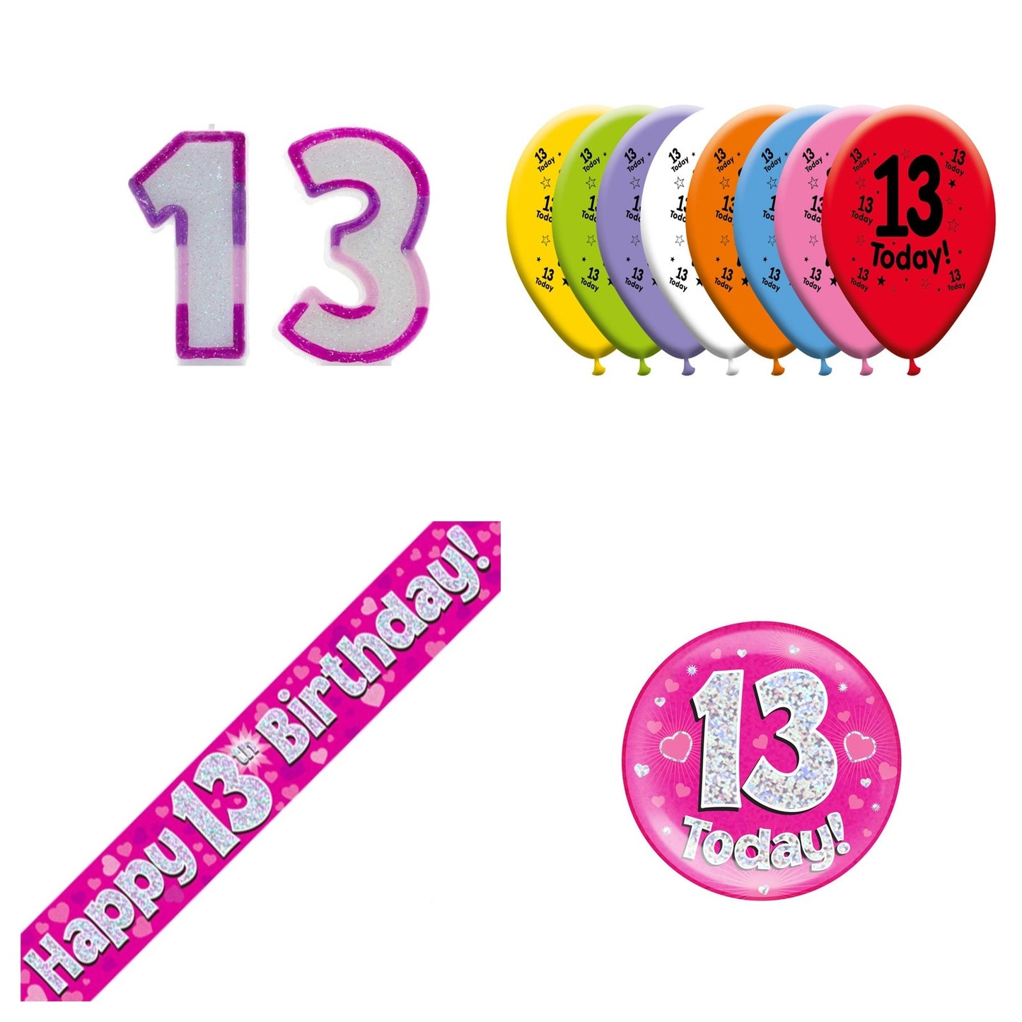 Pink Hearts Bundle B Banner, Balloons, Candle, Badge Ages 1 to 90