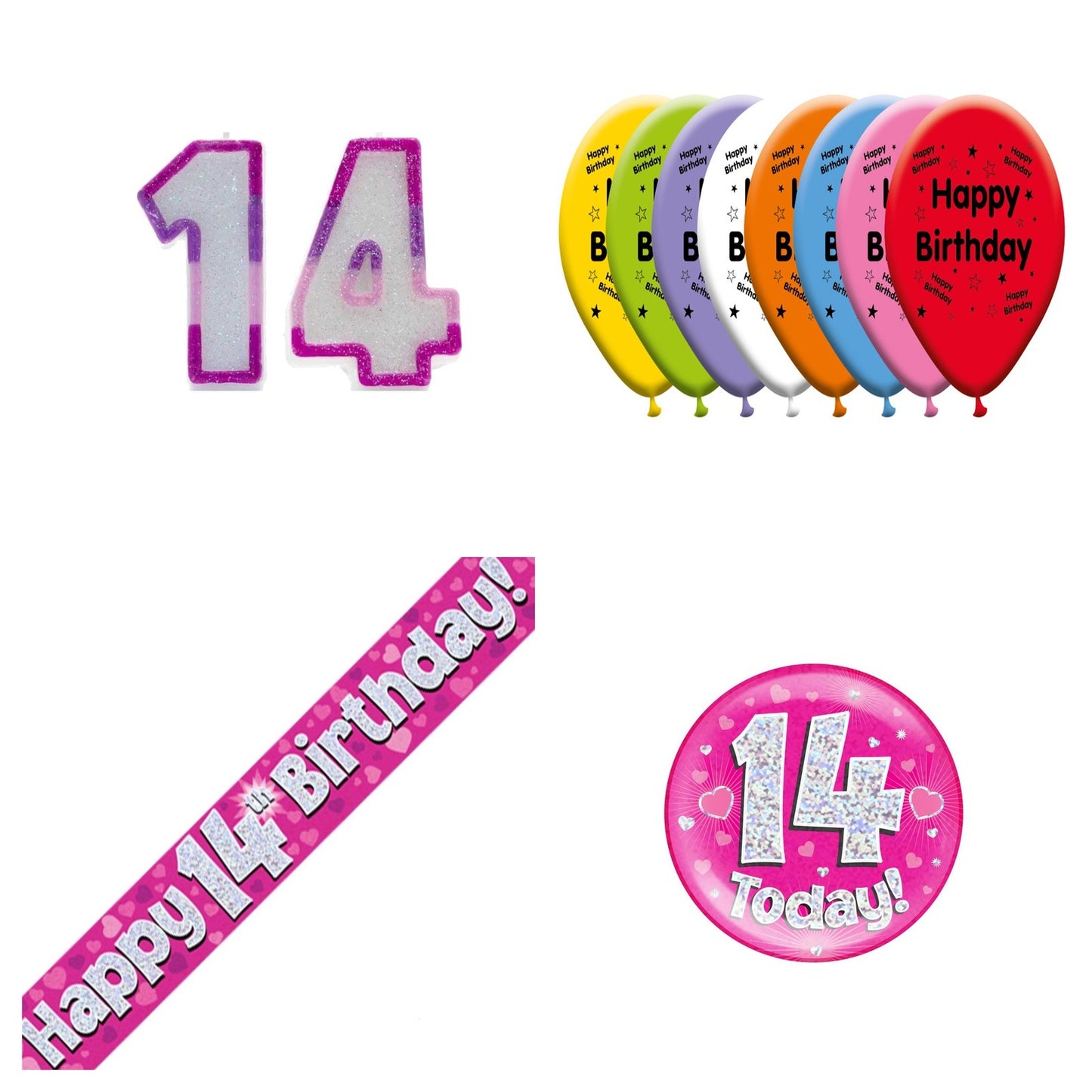 Pink Hearts Bundle B Banner, Balloons, Candle, Badge Ages 1 to 90
