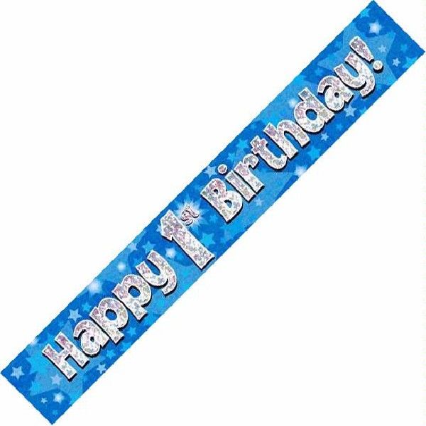Happy 1st Birthday Blue holographic Banner