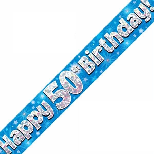 Happy 50th Birthday Blue holographic Banner