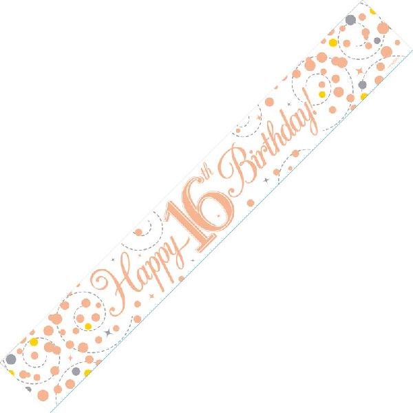 9ft Banner Sparkling Fizz 16th Birthday White & Rose Gold Holographic