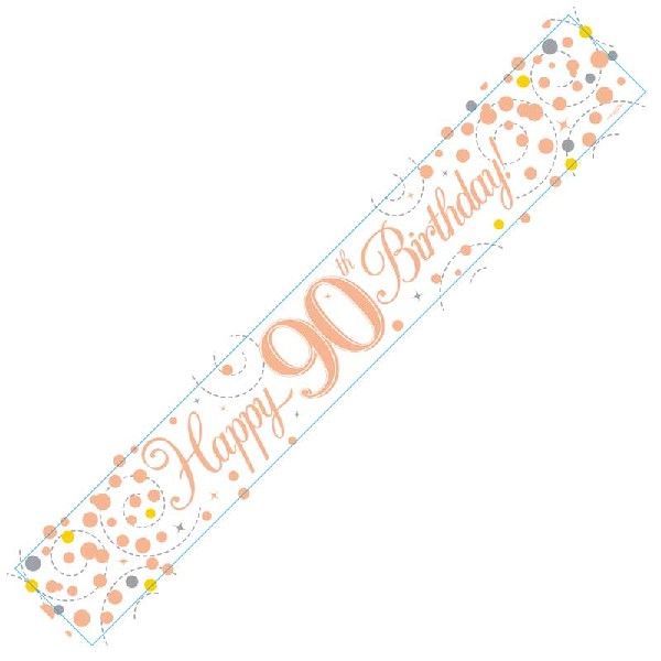 9ft Banner Sparkling Fizz 90th Birthday White & Rose Gold Holographic