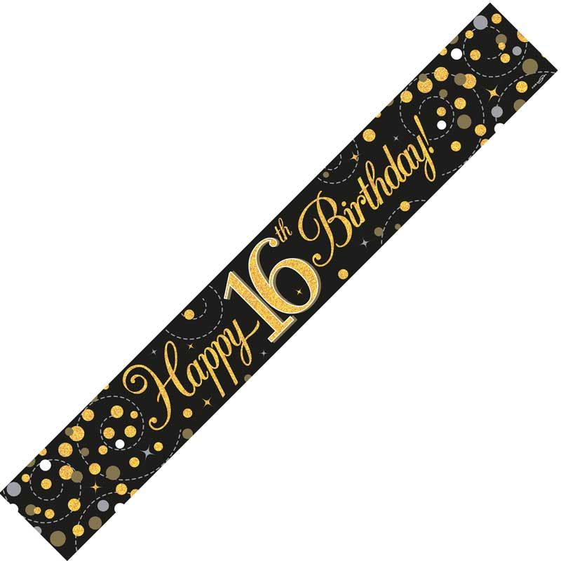 9ft Banner Sparkling Fizz 16th Birthday Black & Gold Holographic