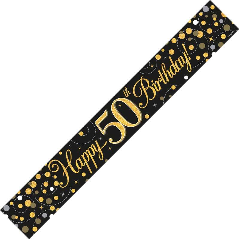 9ft Banner Sparkling Fizz 50th Birthday Black & Gold Holographic