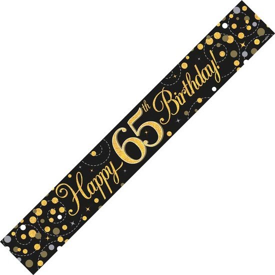 9ft Banner Sparkling Fizz 65th Birthday Black & Gold Holographic