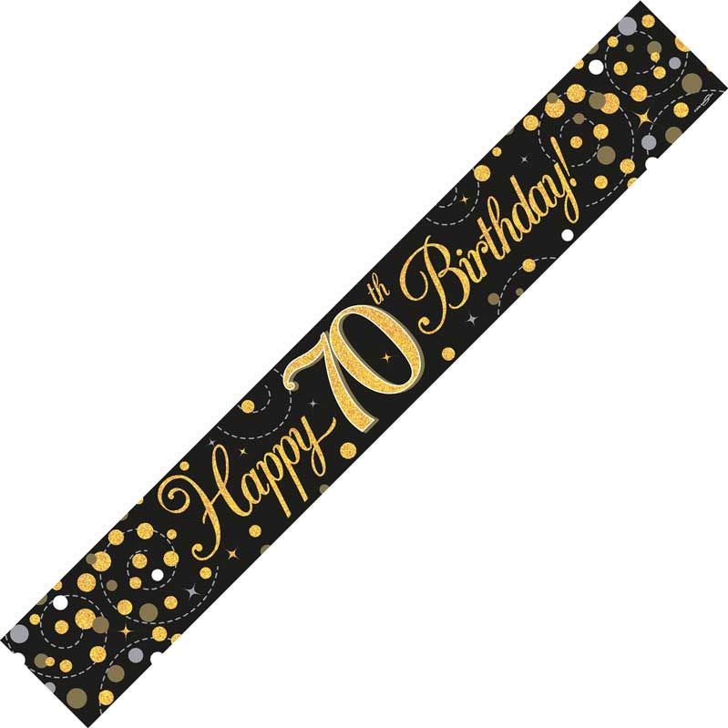 9ft Banner Sparkling Fizz 70th Birthday Black & Gold Holographic