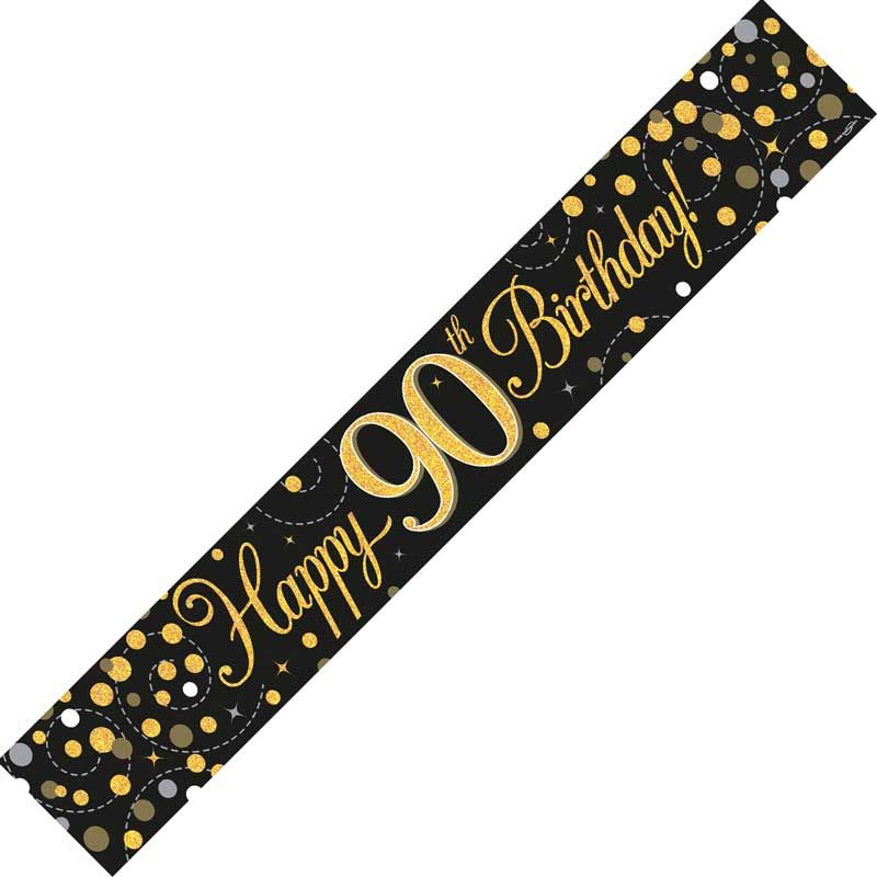 9ft Banner Sparkling Fizz 90th Birthday Black & Gold Holographic